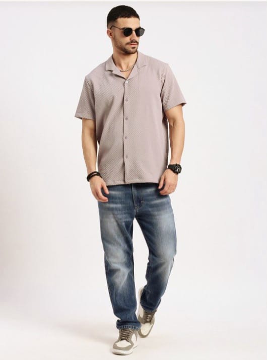Mens Square Structured Cuban Collar Shirt - Grey