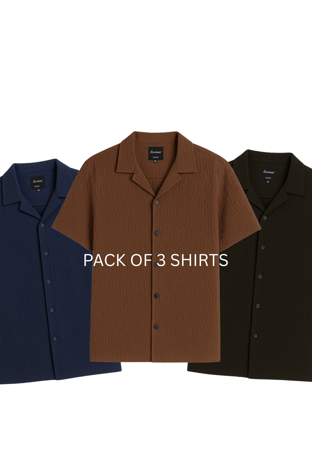 Pack Of 3 Crinkle Cuban Collar Shirt - Brown , Navy Blue & Black