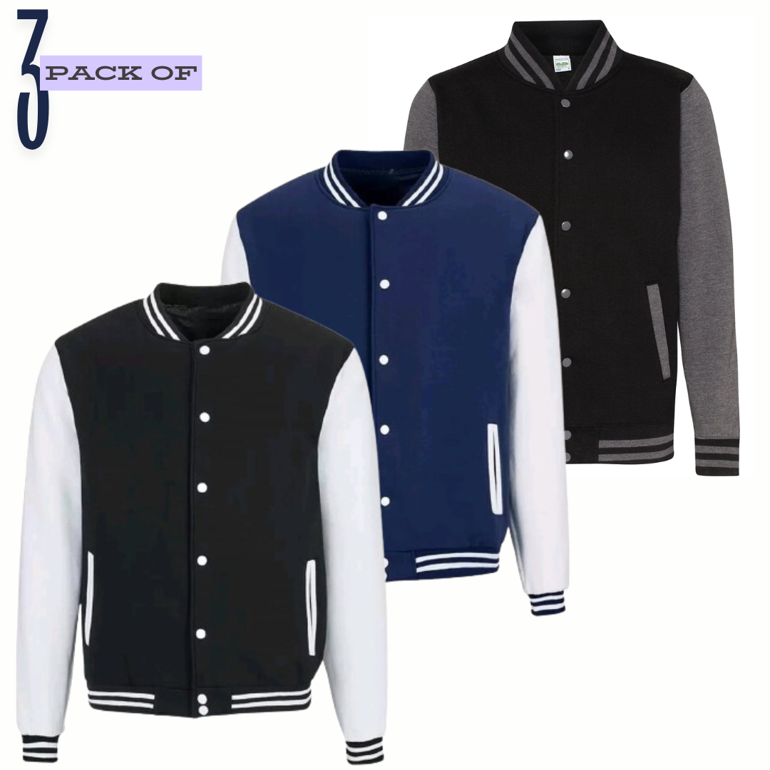 PACK OF 3 NAVY BLUE , CHARCOAL & BLACK VARSITY JACKET