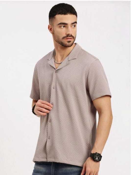 Mens Square Structured Cuban Collar Shirt - Grey