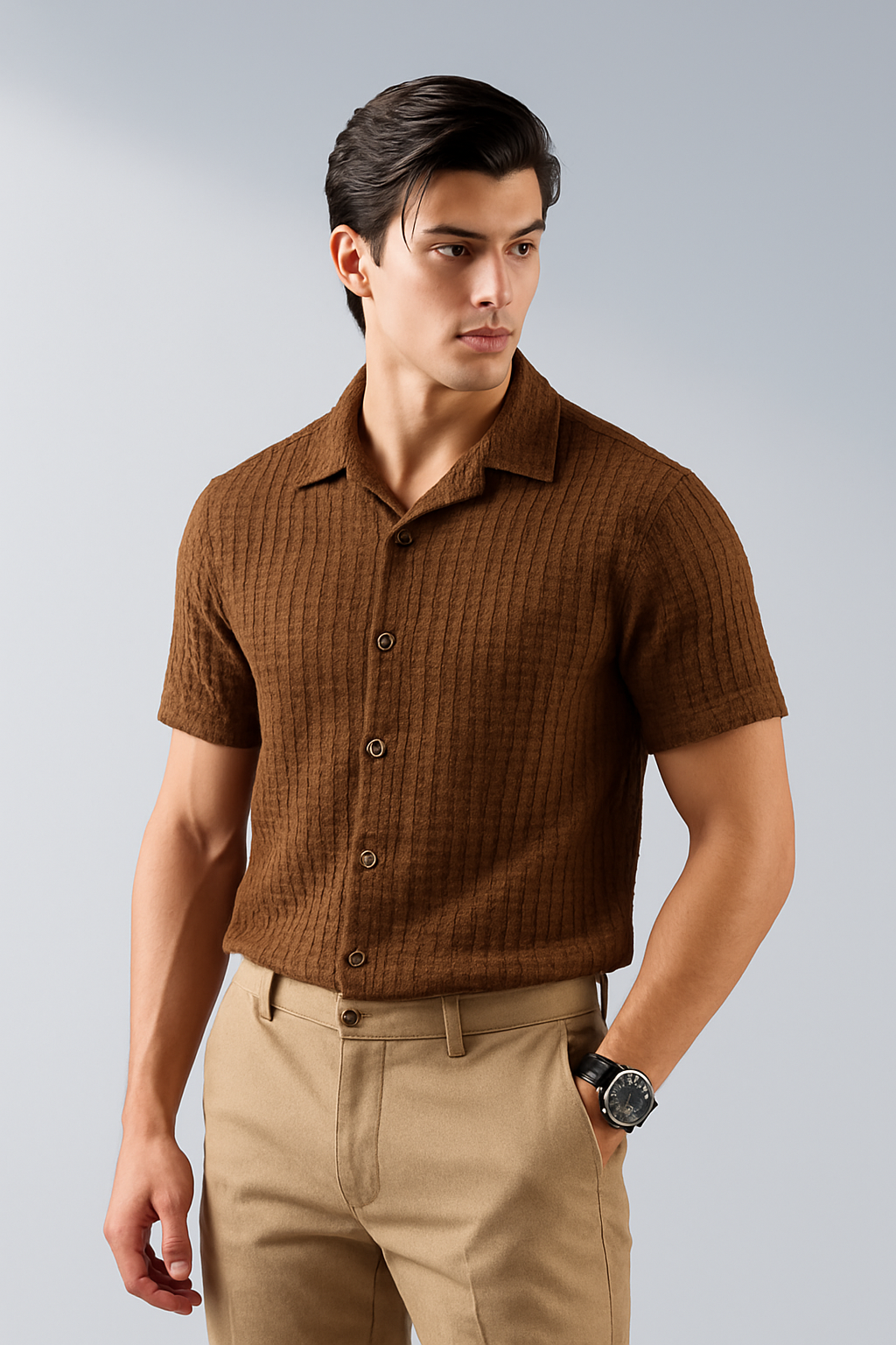 Knitted Breeze Cuban Collar Shirt - Brown
