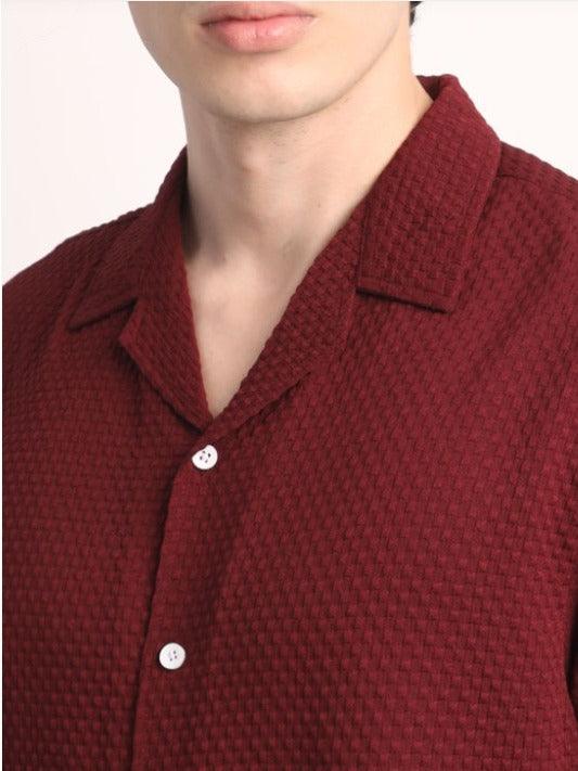 Mens Square Structured Cuban Collar Shirt - Maroon