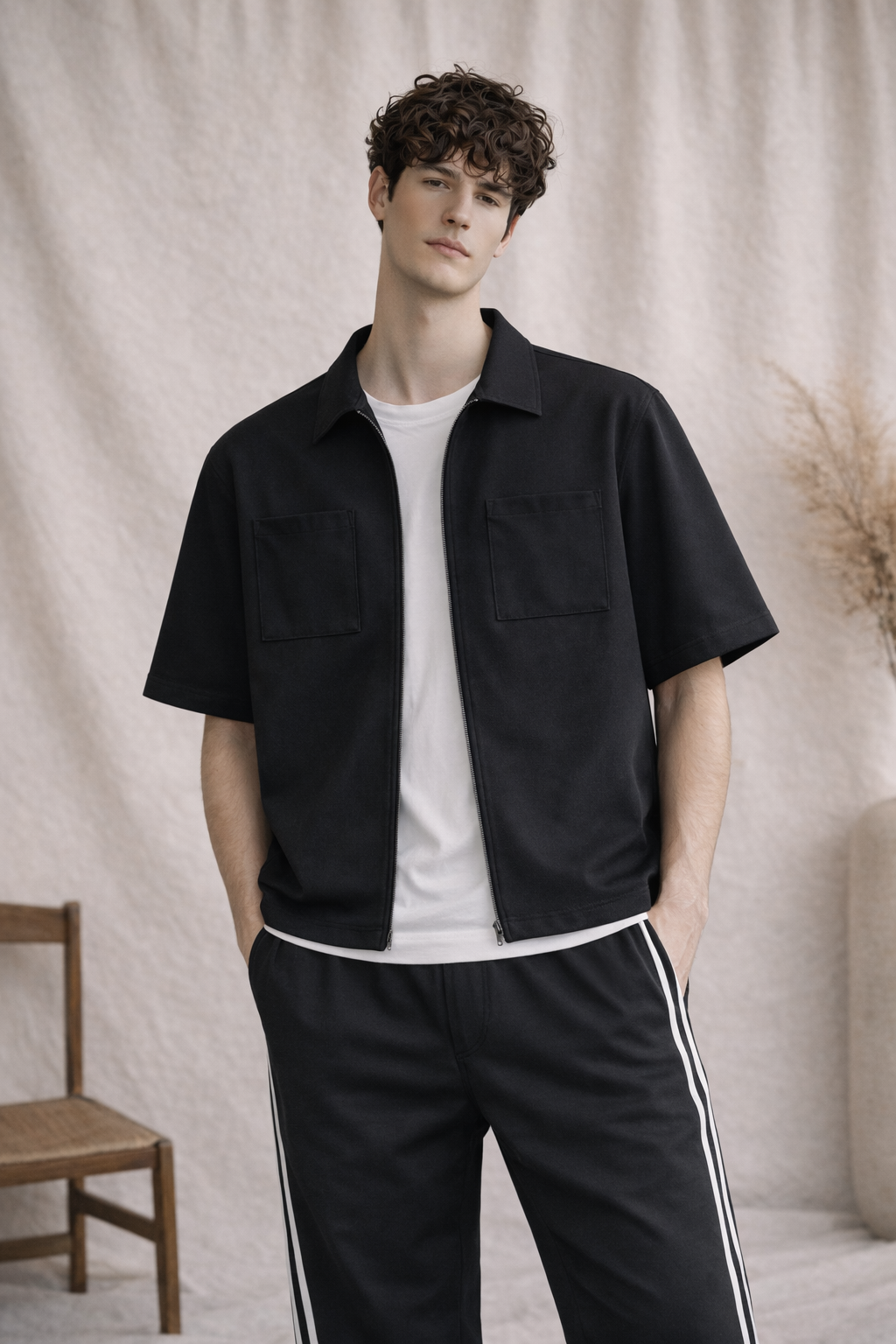 Co-Ord Set – Korean Minimalist Shirt × Plain Cargo Wide Bottom Track Pant (Unisex)