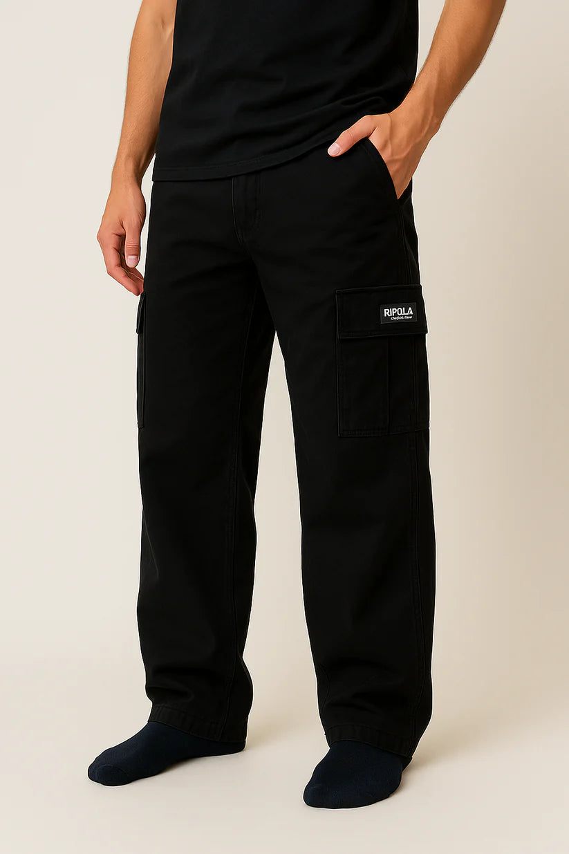 Black Baggy Fit Cotton Cargo Trouser - Unisex