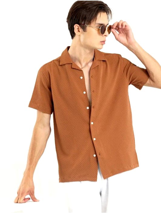 Mens Square Structured Cuban Collar Shirt - Bronze