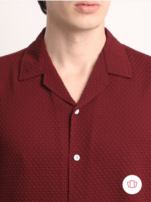 Mens Square Structured Cuban Collar Shirt - Maroon