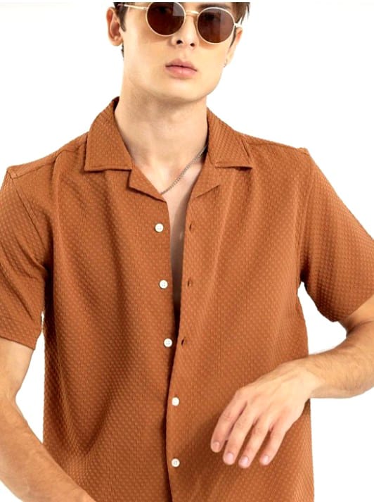 Mens Square Structured Cuban Collar Shirt - Bronze