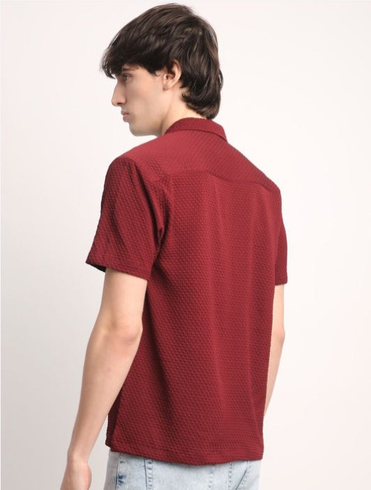 Mens Square Structured Cuban Collar Shirt - Maroon