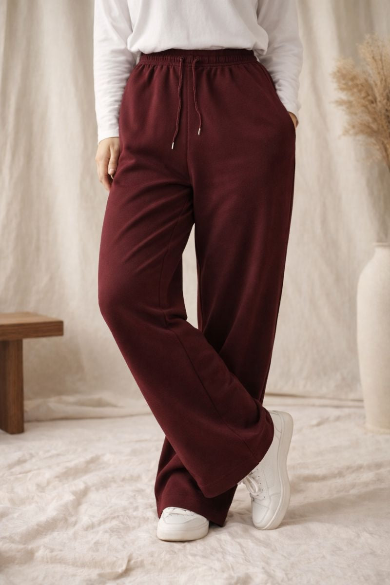 COMBO OF 2 - Plain Relaxed Wide Hem TrackPants - Maroon - FOR HER
