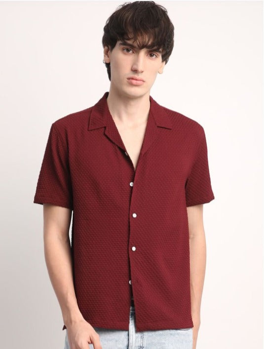 Mens Square Structured Cuban Collar Shirt - Maroon