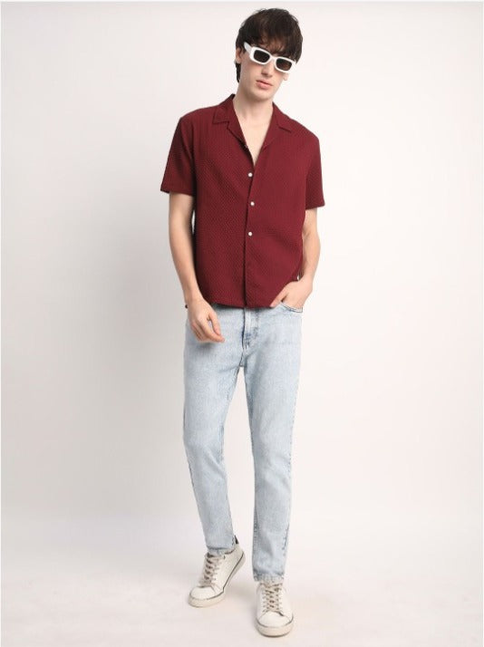 Mens Square Structured Cuban Collar Shirt - Maroon