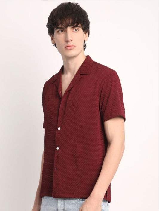 Mens Square Structured Cuban Collar Shirt - Maroon