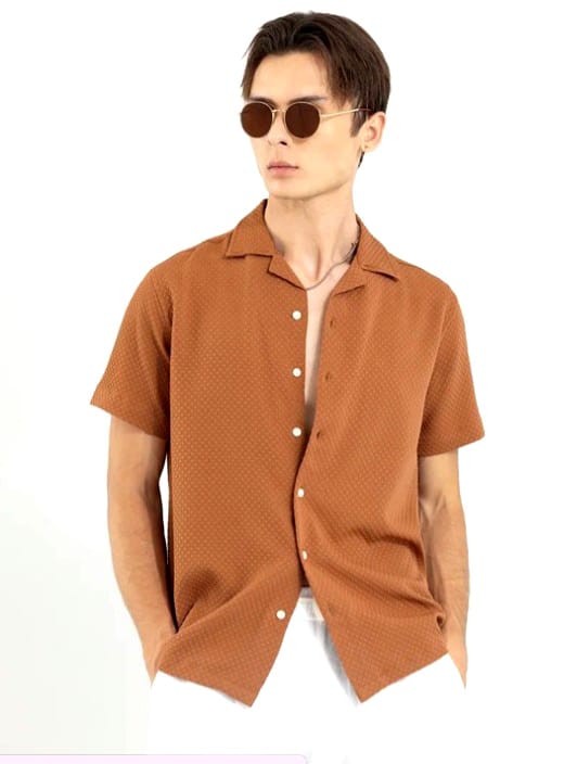 Mens Square Structured Cuban Collar Shirt - Bronze