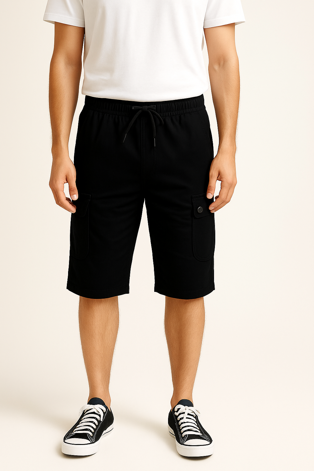 Black Tri Quarter 6 Pocket Cargo Shorts