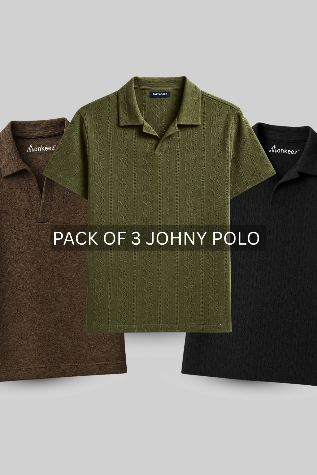 PACK OF 3 JOHNY COLLAR KNITTED EMBOSED POLO - BROWN , BLACK & OLIVE (JP#2)