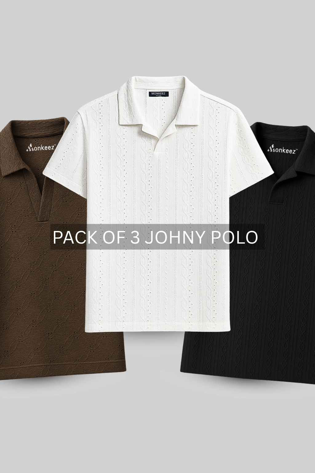PACK OF 3 JOHNY COLLAR KNITTED EMBOSED POLO - BROWN , BLACK & WHITE (JP#2)