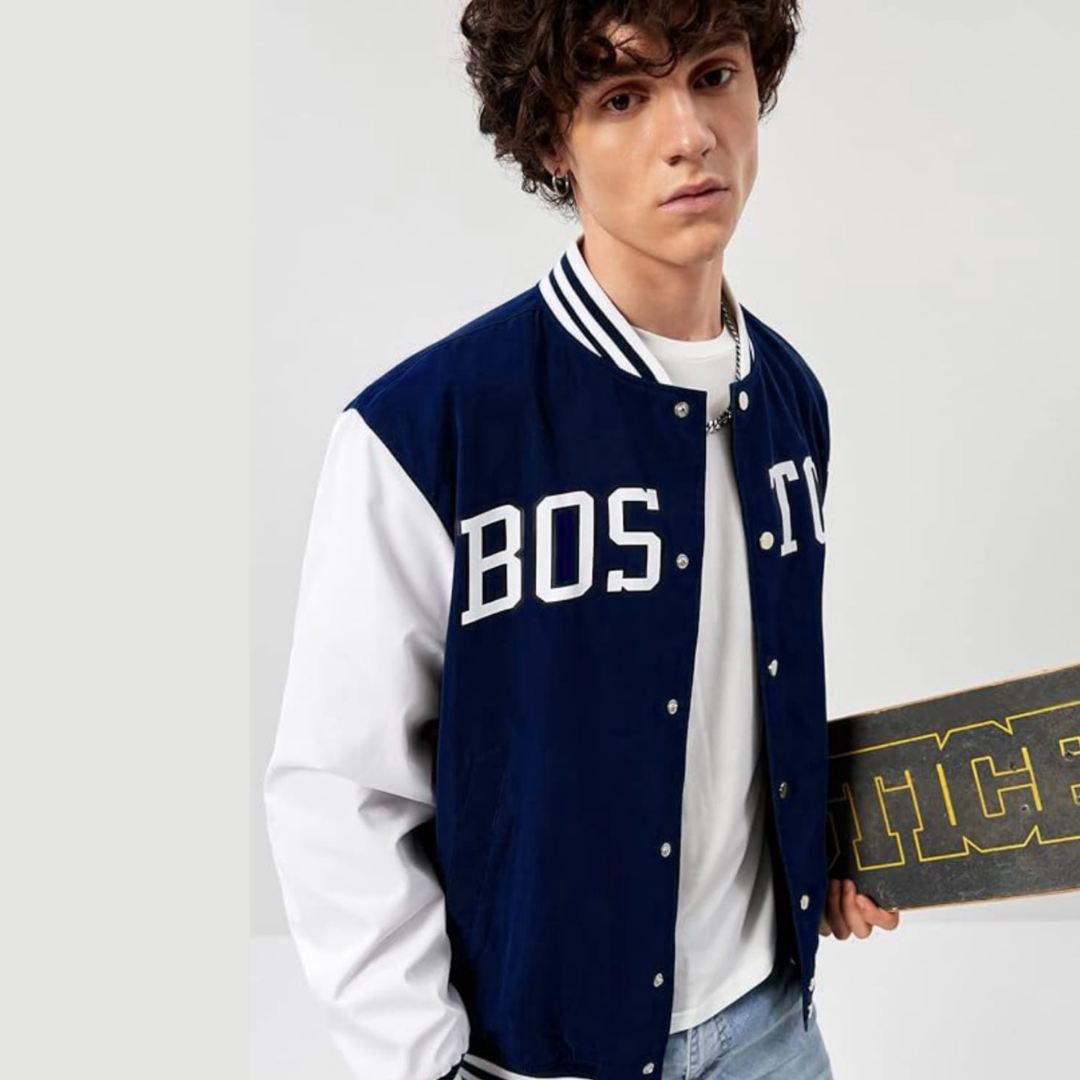 NAVY BLUE BOSTON VARSITY JACKET