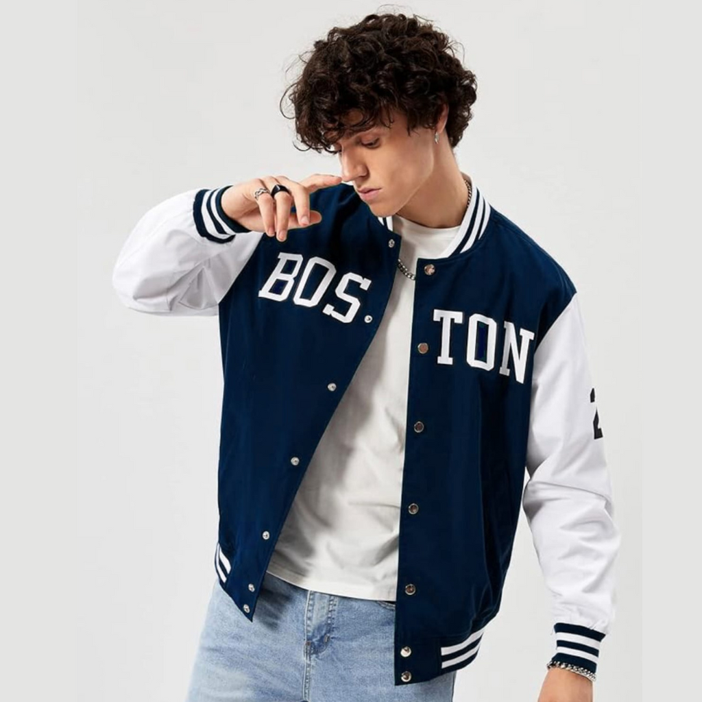 NAVY BLUE BOSTON VARSITY JACKET