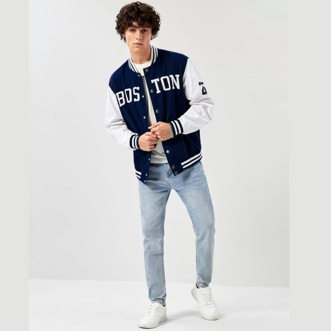 NAVY BLUE BOSTON VARSITY JACKET