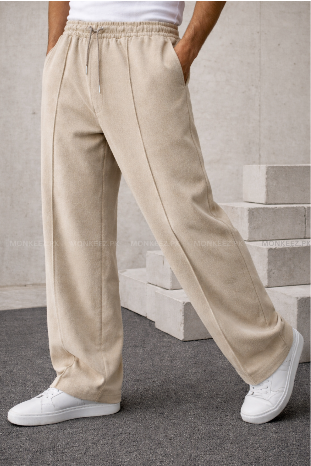 Plain Stripe Line Wide Bottom Trouser - Beige - UNISEX