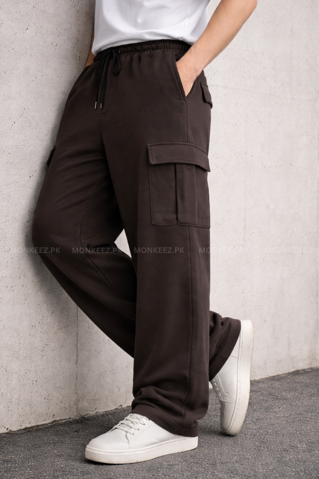 Plain Cargo Wide Bottom Track Pant - Brown - UNISEX