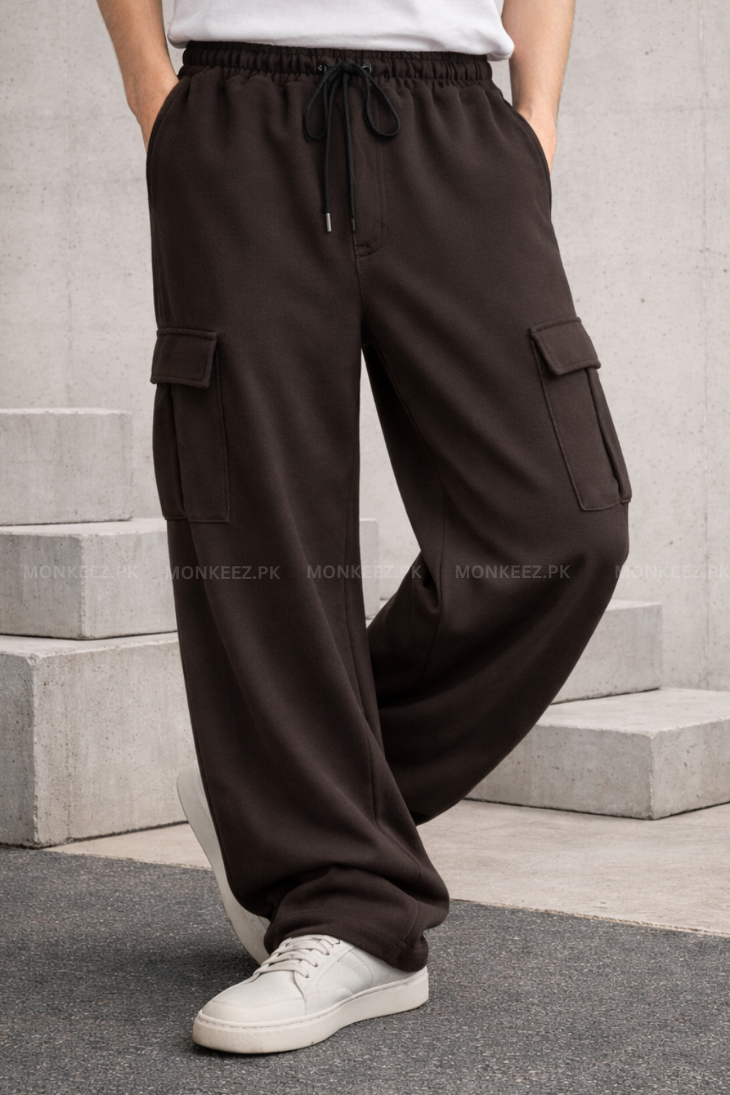 Plain Cargo Wide Bottom Track Pant - Brown - UNISEX