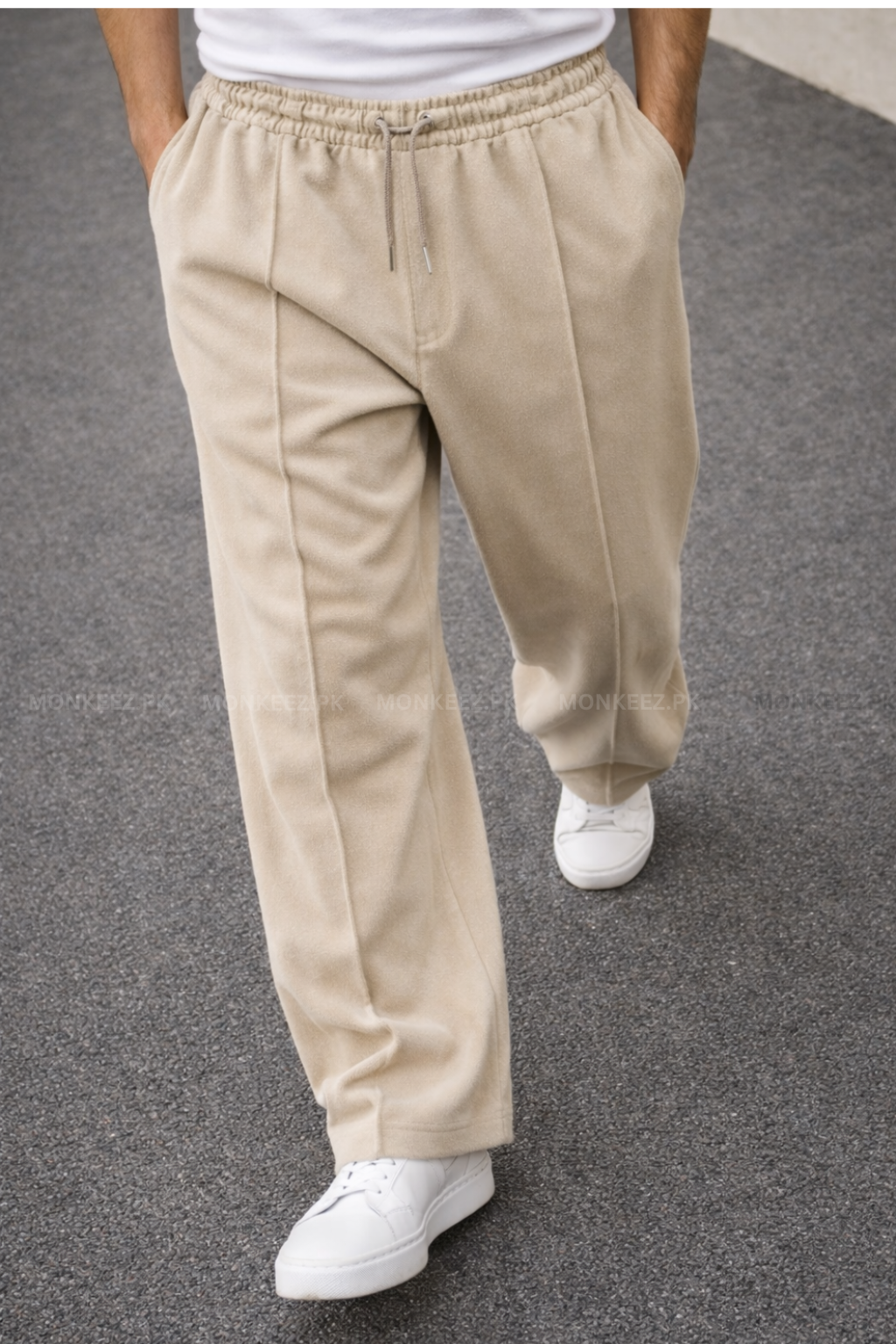 Plain Stripe Line Wide Bottom Trouser - Beige - UNISEX