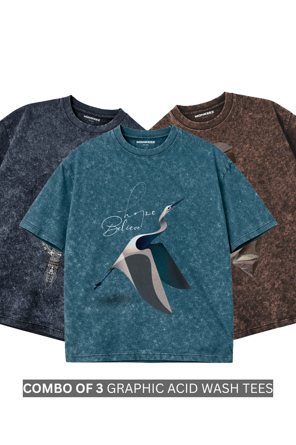 Combo Of 3 Graphic Printed Acid Wash Oversized Tees - Unisex - (Limited Edition)