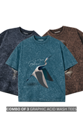 Combo Of 3 Graphic Printed Acid Wash Oversized Tees - Unisex - (Limited Edition)