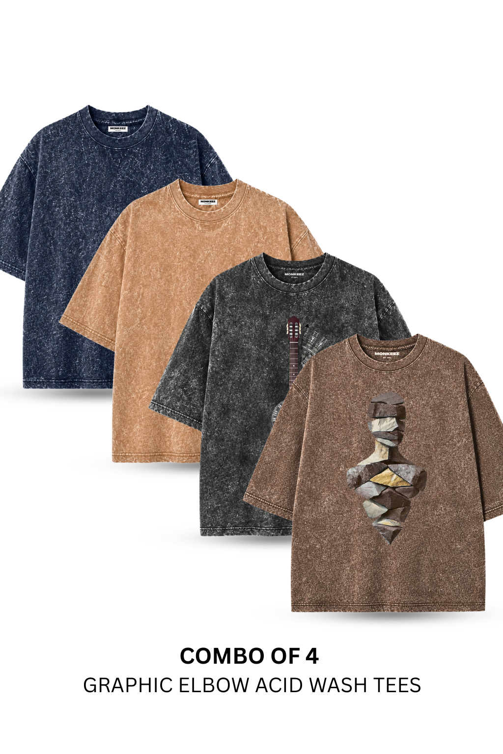 Combo Of 4 Graphic Elbow Sleeves Acid Wash Tees - Unisex