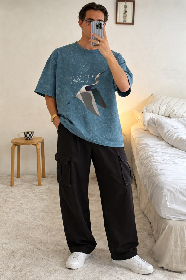 Co-Ord Set – Acid Wash Soaring Hope Oversized Tee × Plain Cargo Wide Bottom Track Pant (Unisex)