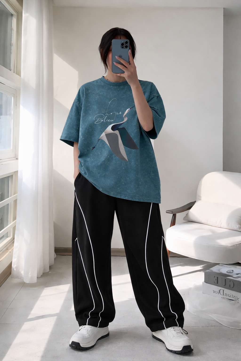 Co-Ord Set – Acid Wash Soaring Hope Oversized Tee × ArcLane Curve Piping Wide TrackPants (Unisex)