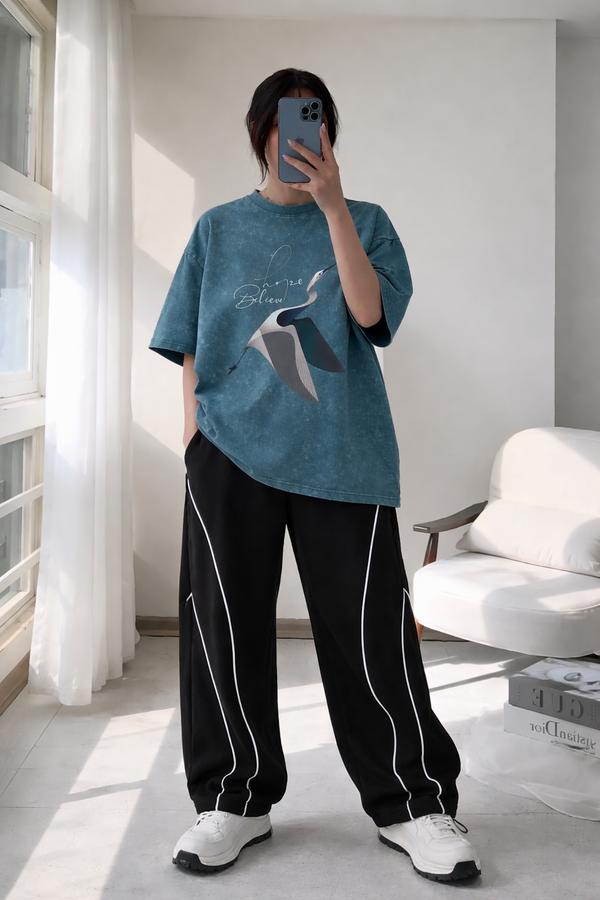 Co-Ord Set – Acid Wash Soaring Hope Oversized Tee × ArcLane Curve Piping Wide TrackPants (Unisex)