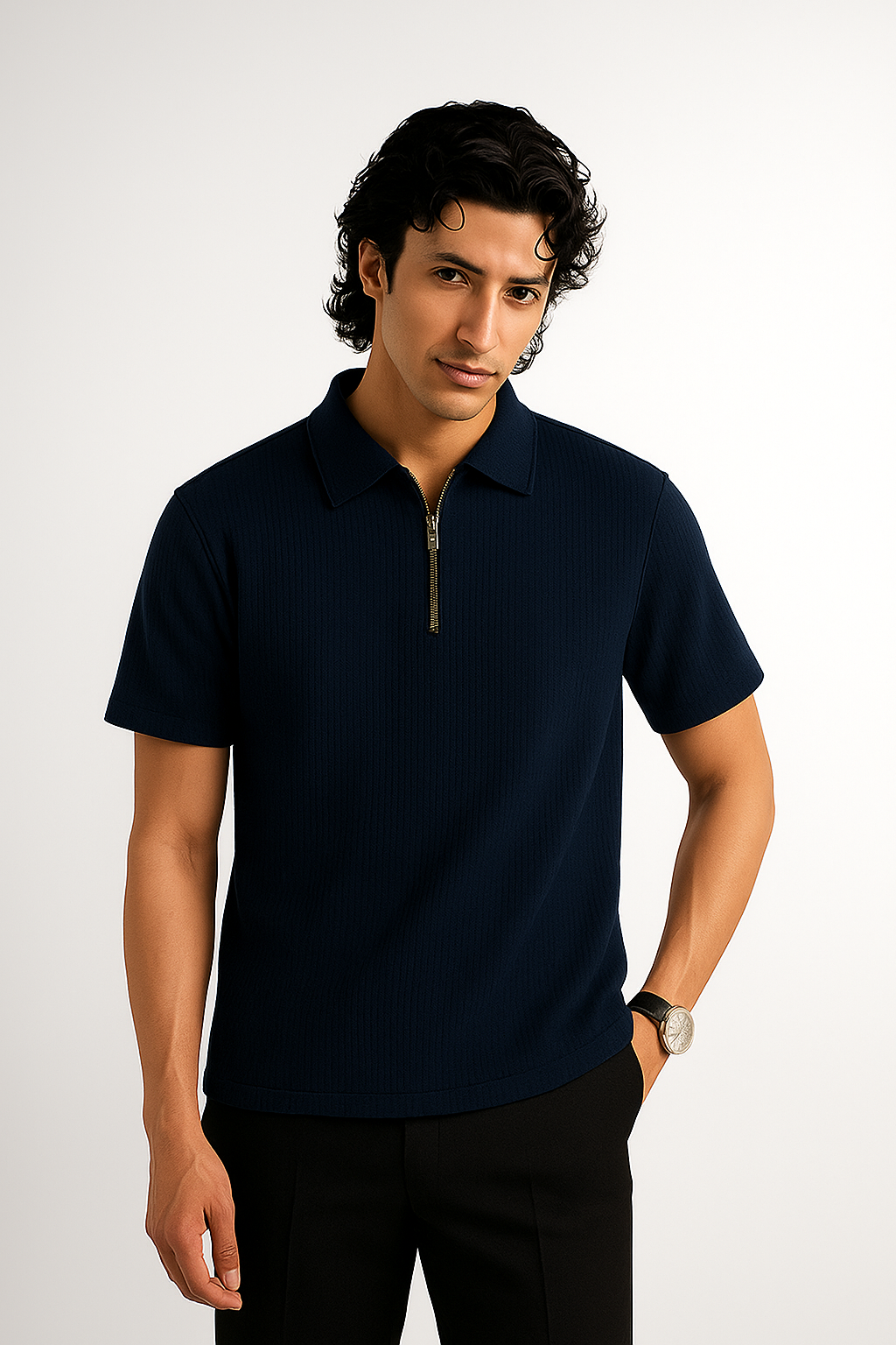 Thermal Line Half-Zipped Polo Shirt - Navy Blue