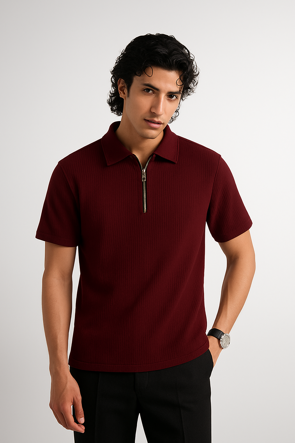 Thermal Line Half-Zipped Polo Shirt - Maroon