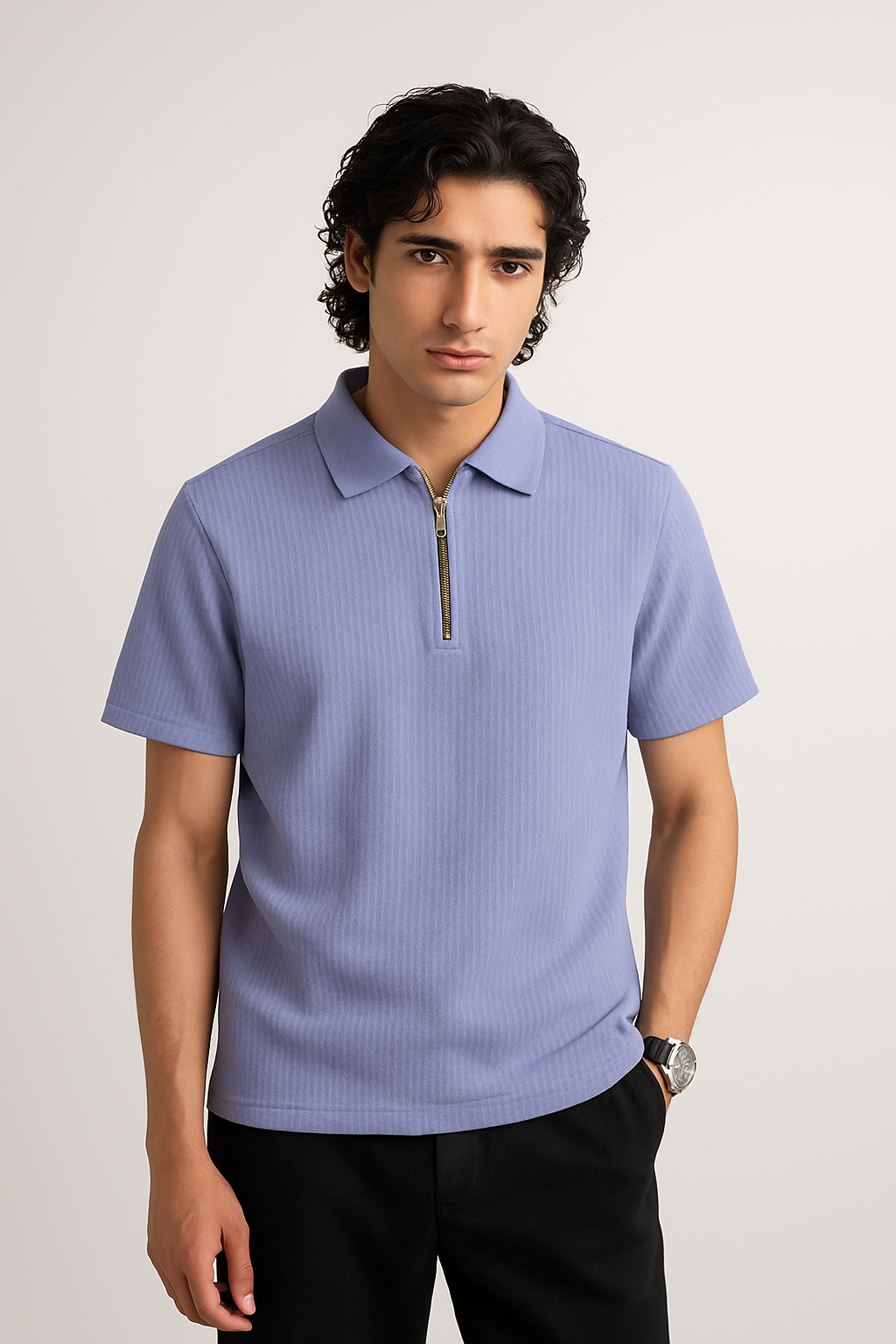 Thermal Line Half-Zipped Polo Shirt - Aqua Blue