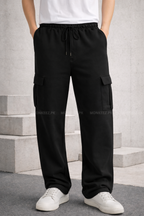 Plain Cargo Wide Bottom Track Pant - Black - UNISEX