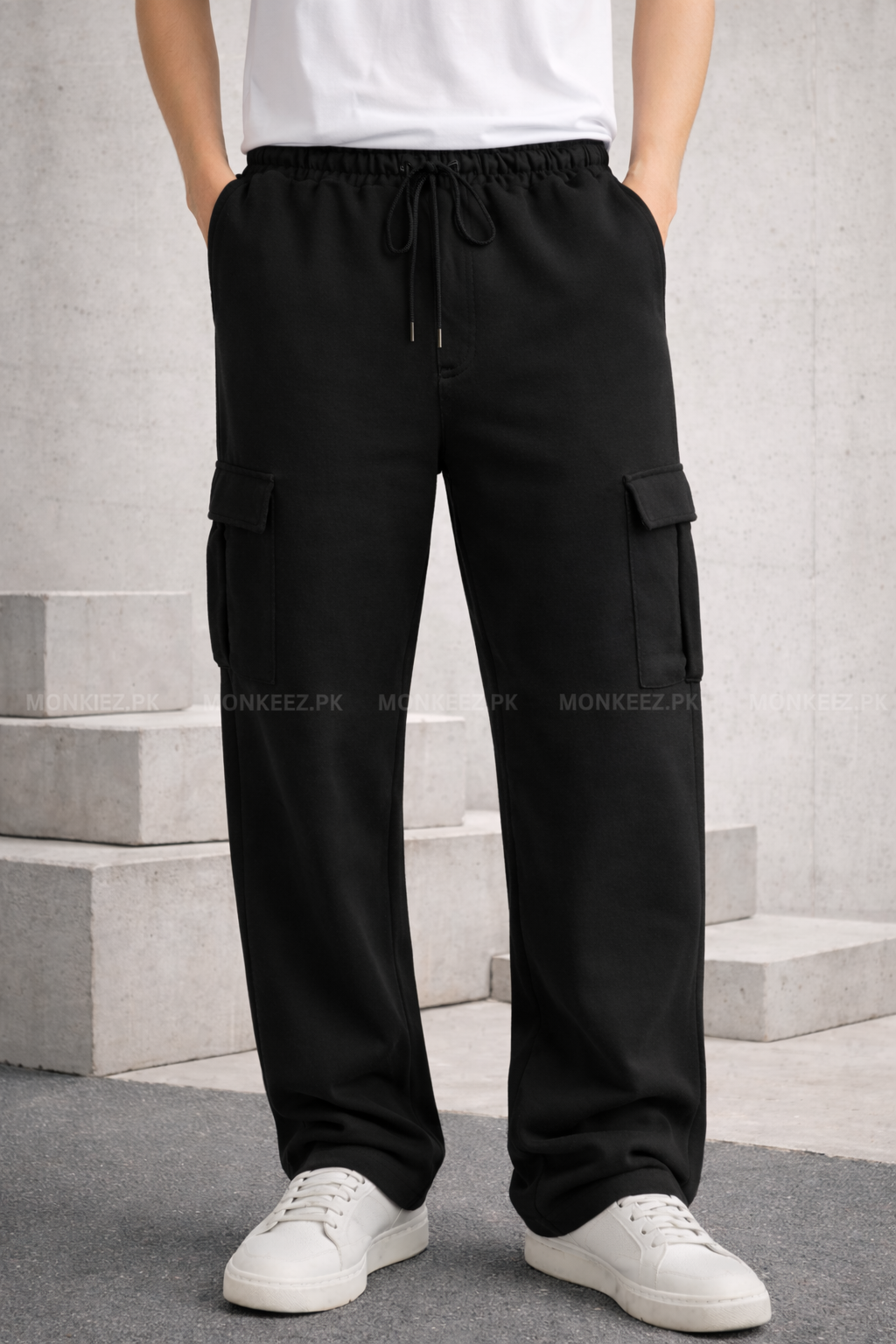 Plain Cargo Wide Bottom Track Pant - Black - UNISEX