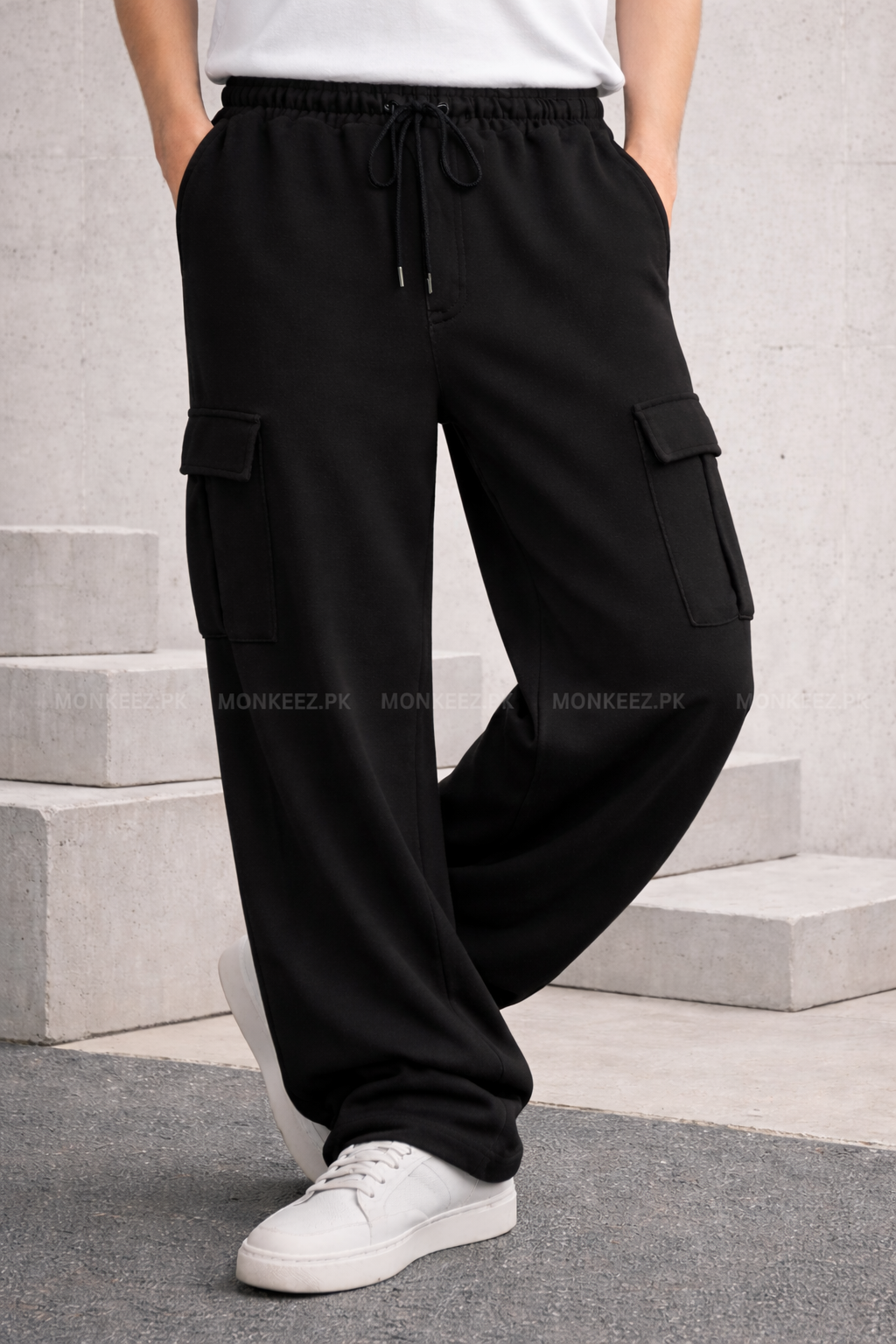 Plain Cargo Wide Bottom Track Pant - Black - UNISEX