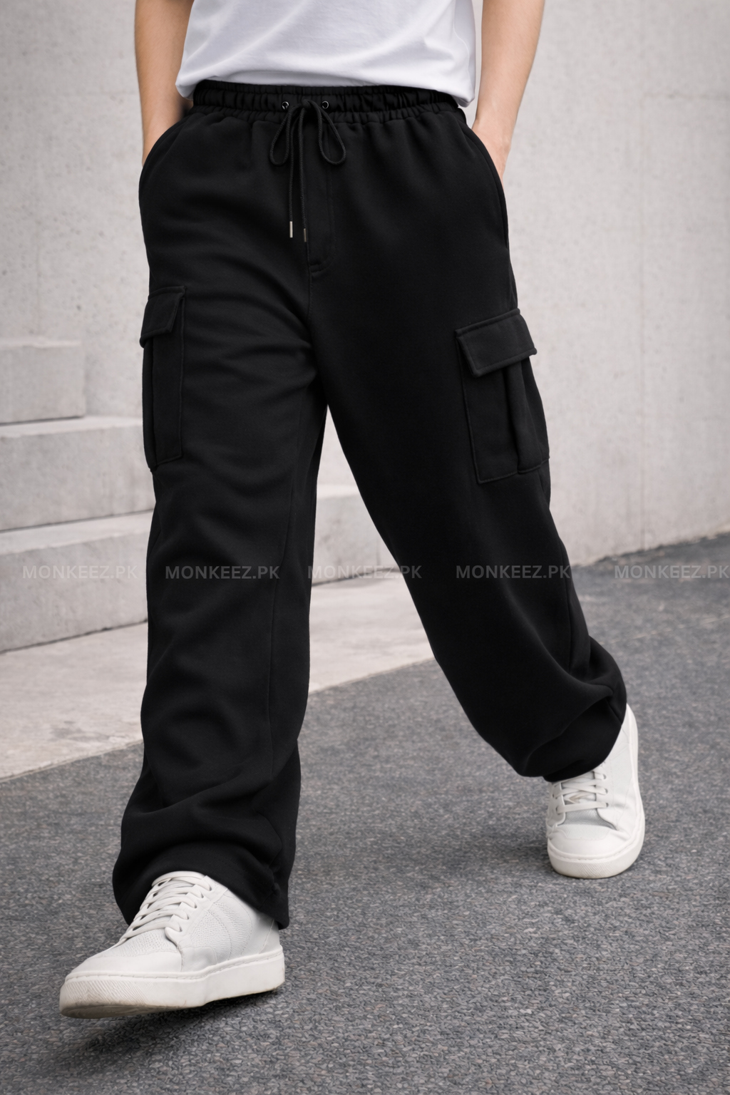 Plain Cargo Wide Bottom Track Pant - Black - UNISEX