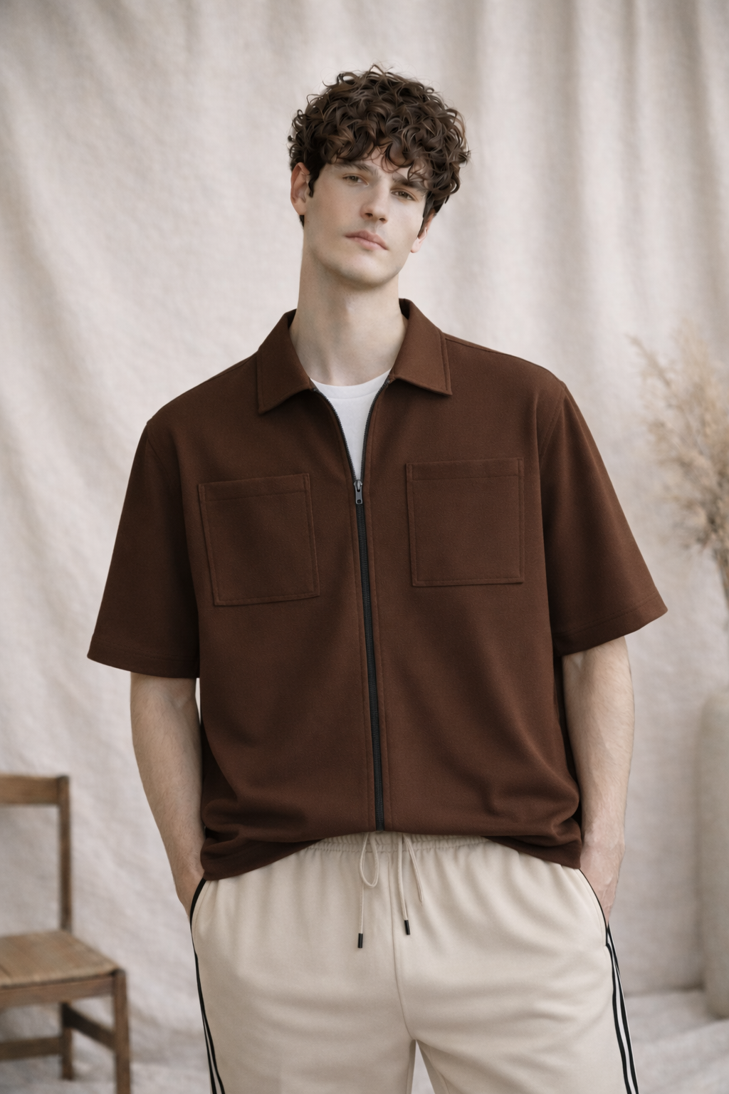 French Terry Minimalist Korean Shirt - Brown