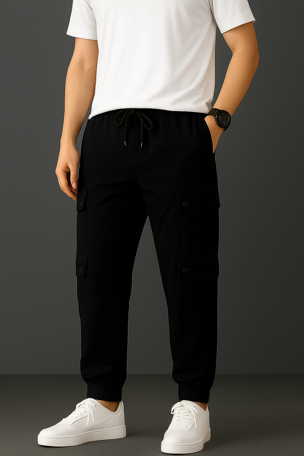 Black Twill Fit 8 Pocket Cargo Trousers - Unisex