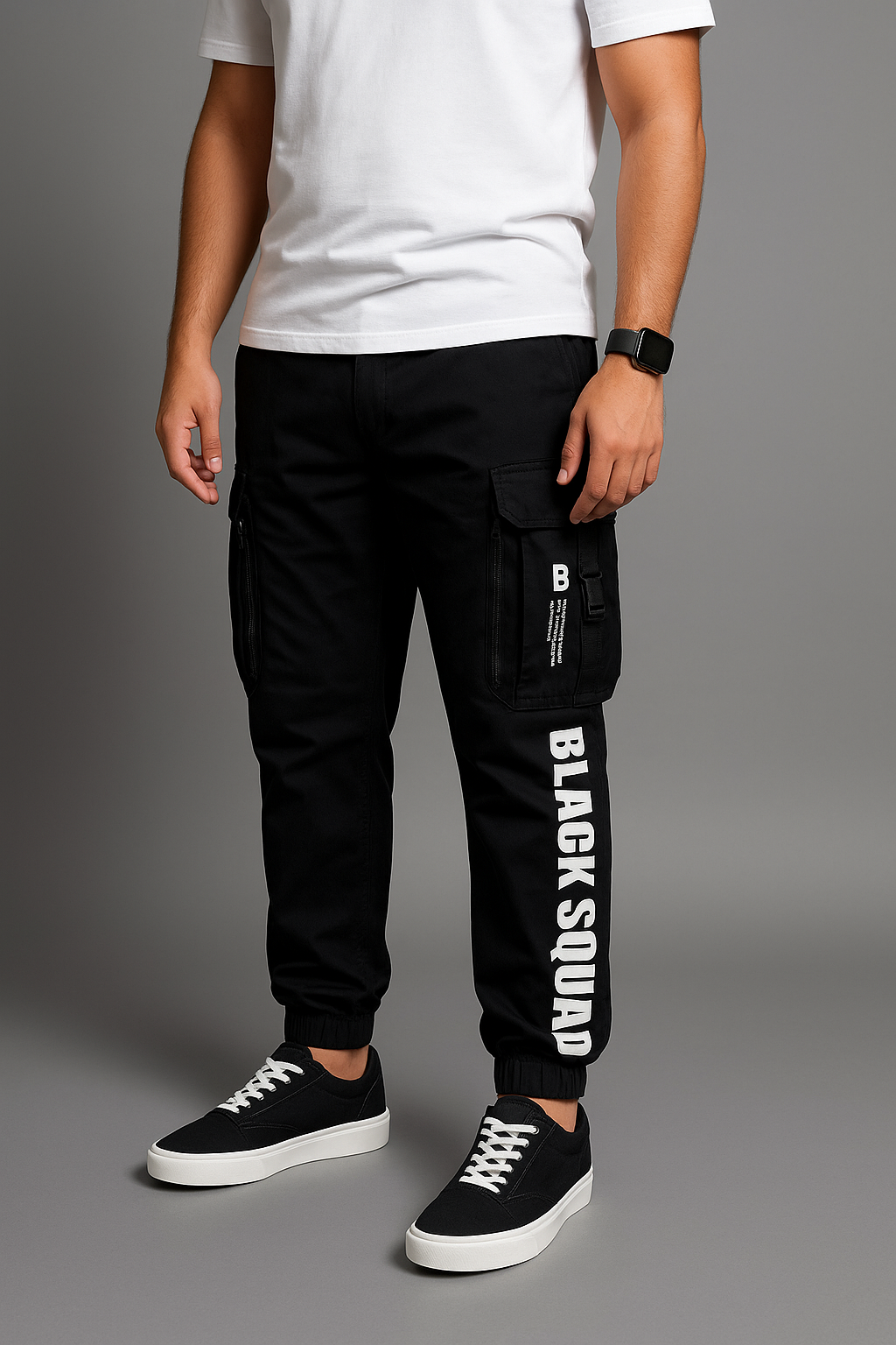 Black Squad Straight Belt Pocket Cargo Trouser