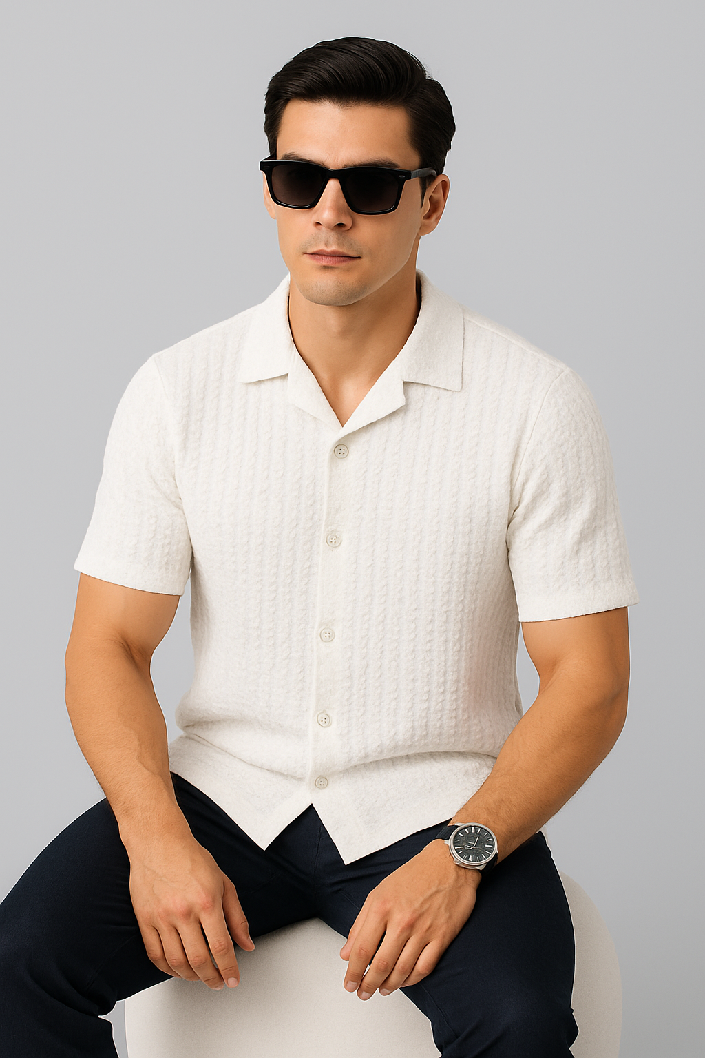 Knitted Breeze Cuban Collar Shirt - White