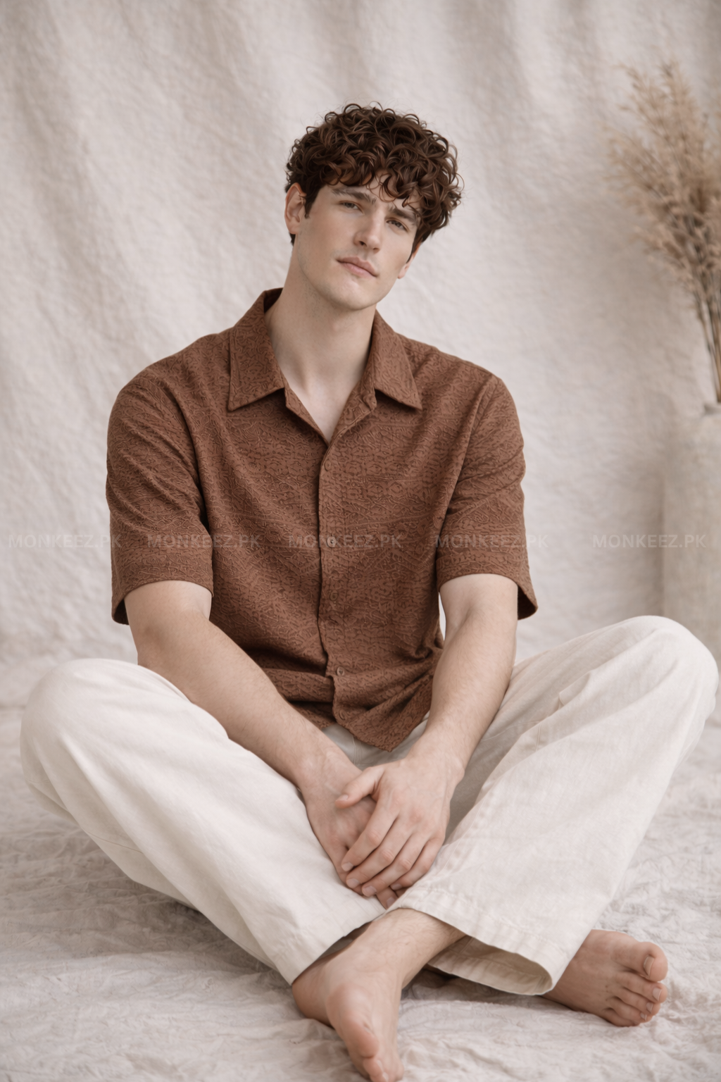 Vintage-Inspired Embosed Texture Cuban Collar Shirt- Dull Brown