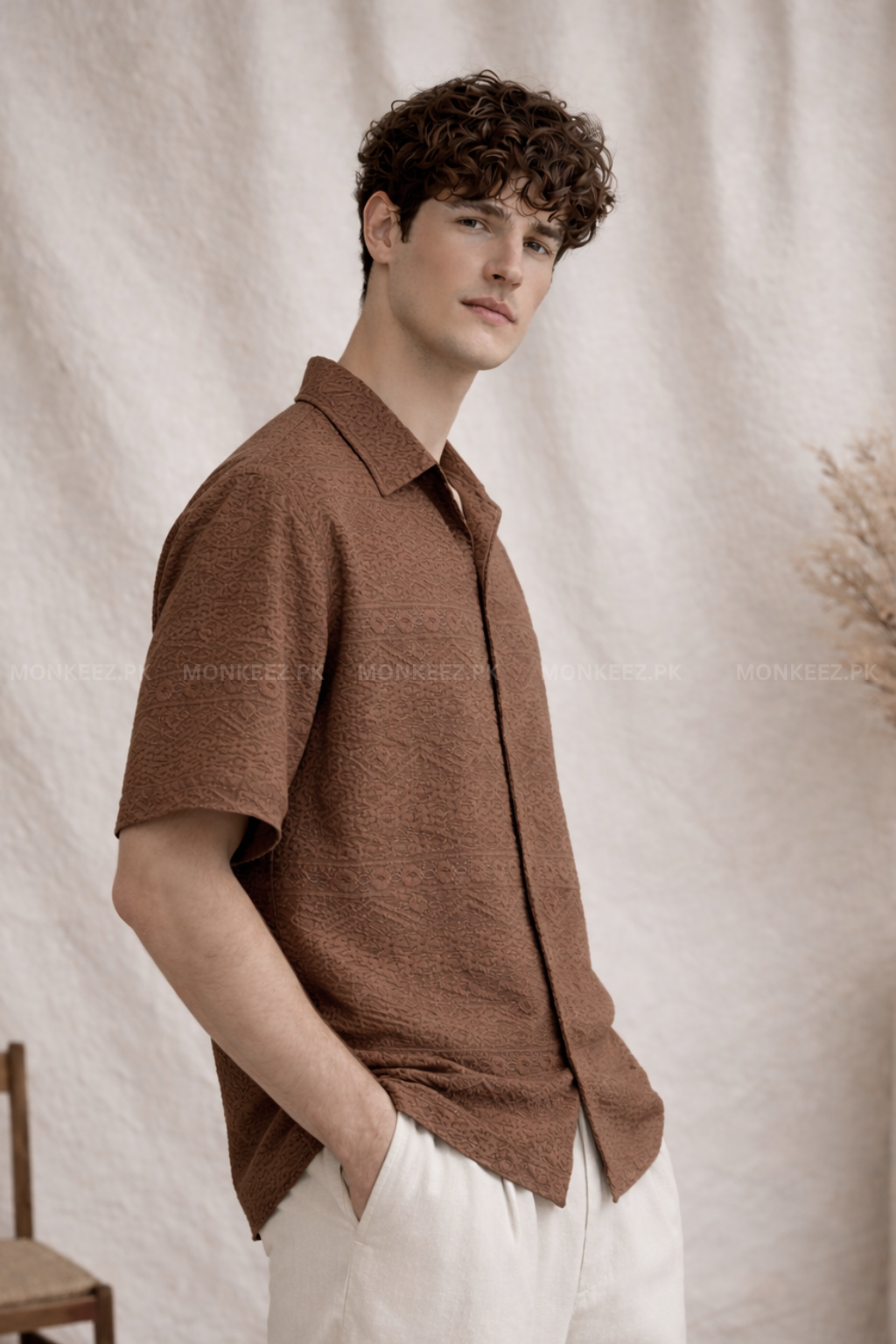 Vintage-Inspired Embosed Texture Cuban Collar Shirt- Dull Brown