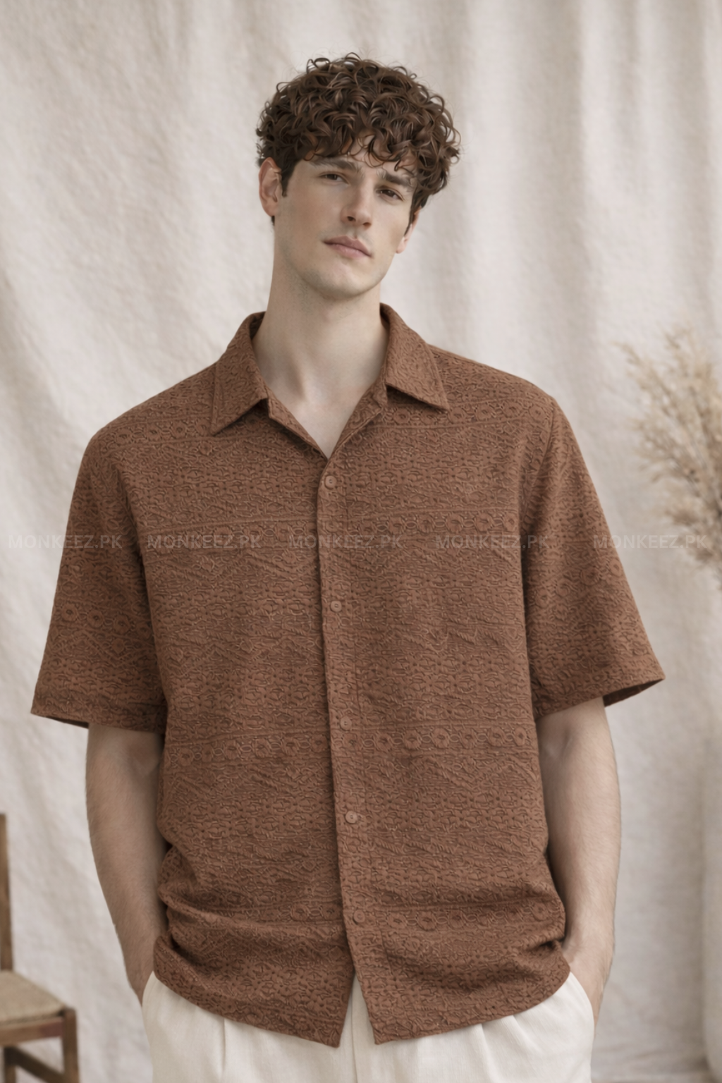 Vintage-Inspired Embosed Texture Cuban Collar Shirt- Dull Brown