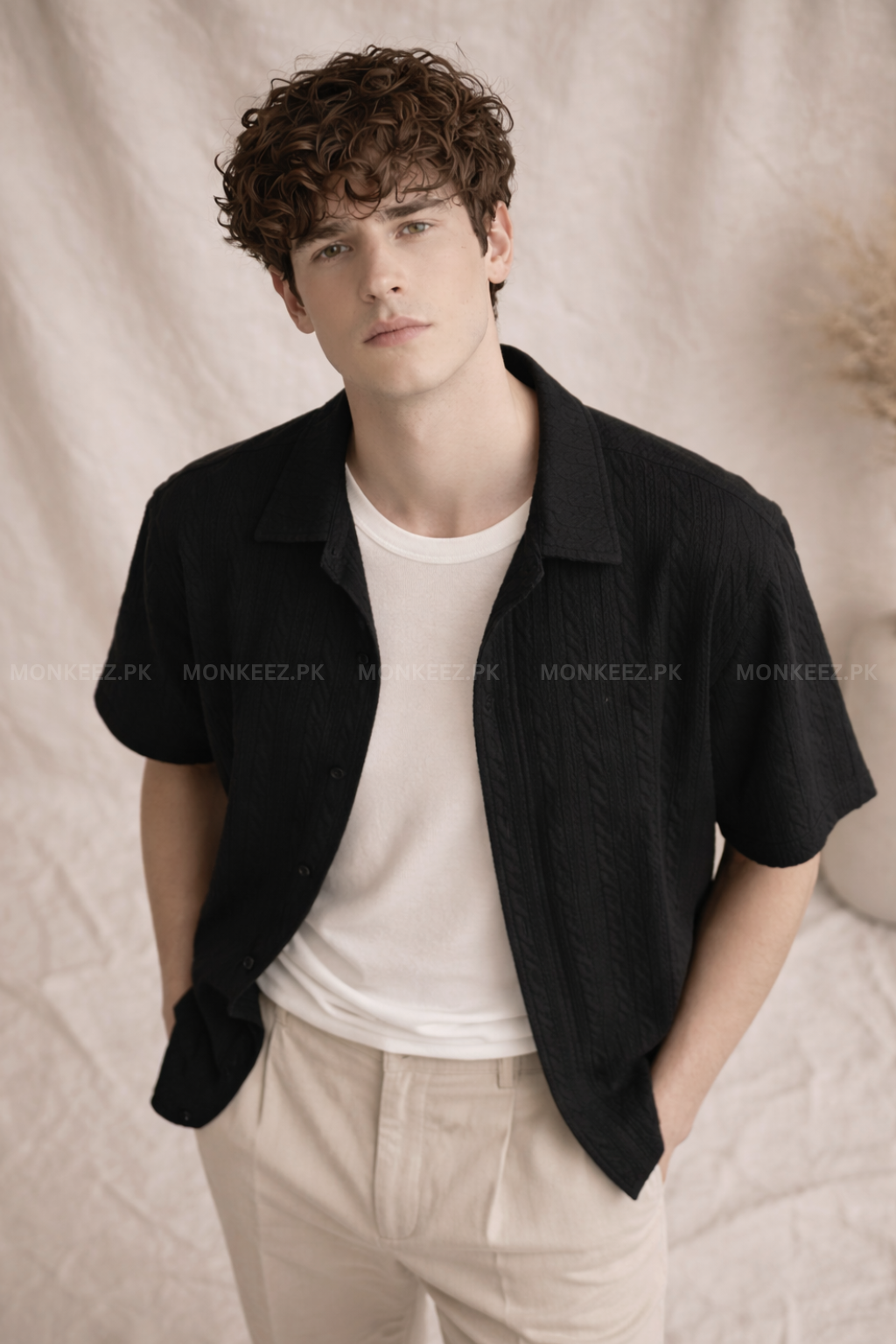 Embossed Stripe Cuban Collar Shirt - Black