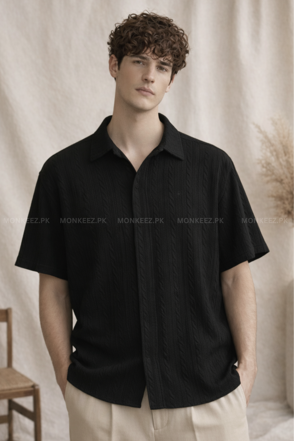 Embossed Stripe Cuban Collar Shirt - Black