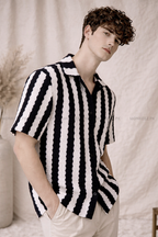 Black & White Waffle-Knit Cuban Collar Shirt - Unisex